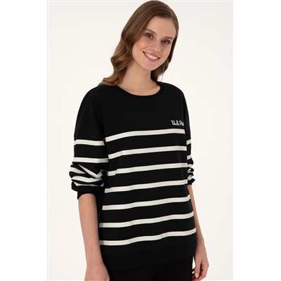 Kadın Siyah Çizgili Bisiklet Yaka Sweatshirt