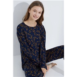 Siyah İnci lacivert sarmaşık desenli Jogger Örme Pijama Takım 7703