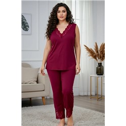 Bordo V Yaka Dantelli Örme Pijama Takımı TBBSS25AI00111