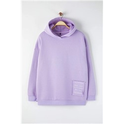 Lila Kapüşonlu Slogan Detaylı İçi Polar Kalın Örme Sweatshirt TBBAW24AO00018