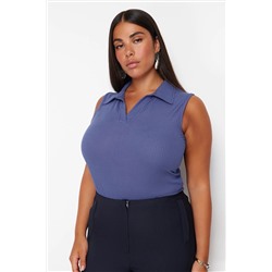 Mavi Fitted/Vücuda Oturan Polo Yaka Esnek Örme Büyük Beden Bluz TBBSS24AF00065