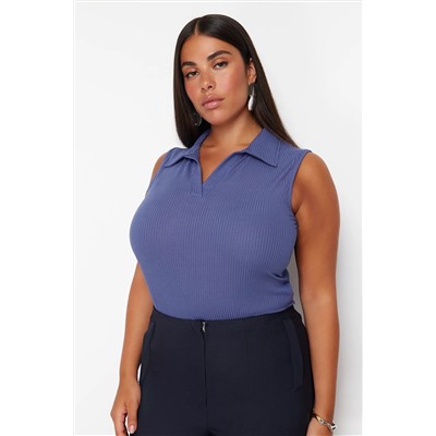 Mavi Fitted/Vücuda Oturan Polo Yaka Esnek Örme Büyük Beden Bluz TBBSS24AF00065