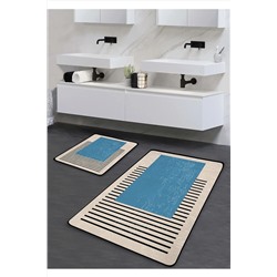 Pilloveland Kaymaz Taban Yıkanabilir 2’li Banyo Paspası - Mavi Tablo Desenli 60*100 Cm - 50*60 Cm BM0080