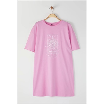 Pembe Geometrik Baskılı %100 Pamuk Örme Büyük Beden T-Shirt Elbise TBBSS22EL2269