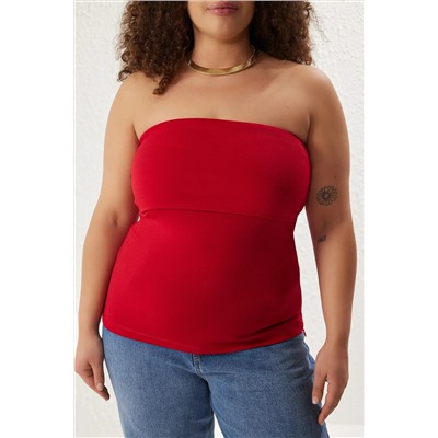 Kırmızı Straplez Yaka Yandan Fermuarlı Krep Örme Bluz TBBSS24AF00092