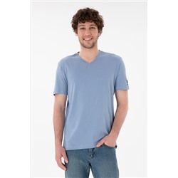Erkek Regular Fit  V Yaka Mavi Basic Tişört