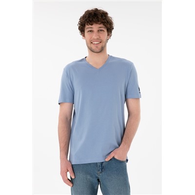 Erkek Regular Fit  V Yaka Mavi Basic Tişört
