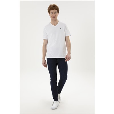 Erkek Regular Fit V Yaka Beyaz Basic Tişört