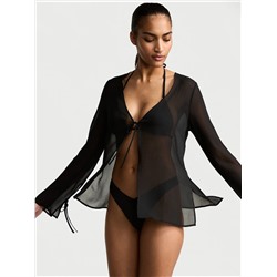 Beachwear Sheer Crinkle Tie-Front Long-Sleeve Top