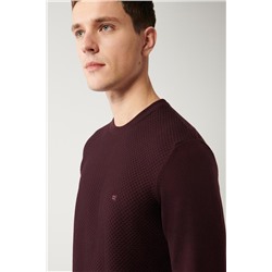 Bordo Bisiklet Yaka Önü Dokulu Pamuklu Regular Fit Standart Kesim Triko Kazak