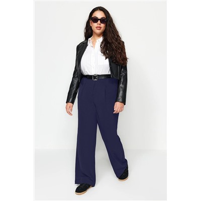Lacivert Lastikli Yüksek Bel Pileli Wide Leg Dokuma Pantolon TBBSS22PL0448