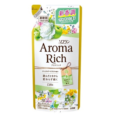 LION Кондиционер для белья Soflan Aroma Rich Ellie дезодорирующий с натуральными ароматическими маслами сменная упаковка 400 мл