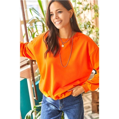 OlalookKadın Düz Turuncu Basic Yumuşak Dokulu Salaş Sweatshirt SWT-19000457