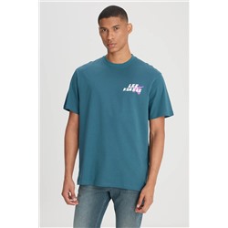 Lee, Bisiklet Yaka Petrol Erkek T-Shirt L241363405 Loose Fit T-shirt