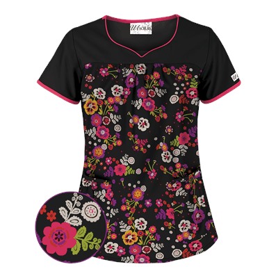 UA Fiesta Flowers Black Scrub Top