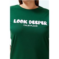 Koyu Yeşil Slogan Baskılı Boyfriend %100 Pamuk Örme Büyük Beden T-shirt TBBSS24BF00036