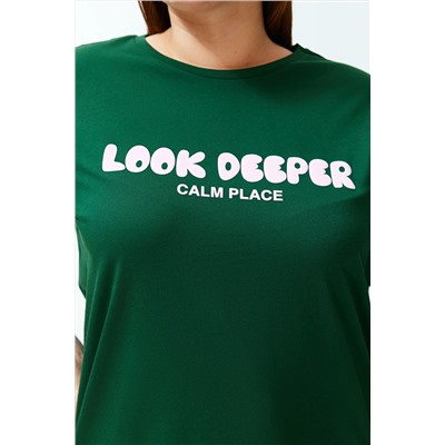 Koyu Yeşil Slogan Baskılı Boyfriend %100 Pamuk Örme Büyük Beden T-shirt TBBSS24BF00036