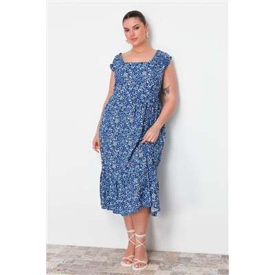 Lacivert A Kesim Midi Fırfırlı Çiçek Desenli Dokuma Elbise TBBSS24AH00169