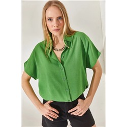 Olalook, Kadın Fıstık Yeşili Yarasa Oversize Keten Gömlek GML-19001109