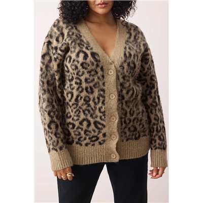 Camel Leopar Desenli Yumuşak Tuşeli Relax Fitt Triko Hırka TBBAW26AV00001
