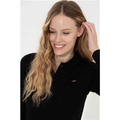 Kadın Siyah Basic Polo Yaka Sweatshirt