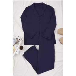 Lacivert Gömlek Yaka Volan Detaylı Örme Pijama Takımı TBBAW25AI00056