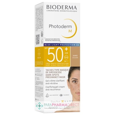 Bioderma Photoderm M SPF50+ - Teintée Dorée - Gel Crème Clarifiant Anti-Récidive - Taches Type Masque de Grossesse 40ml