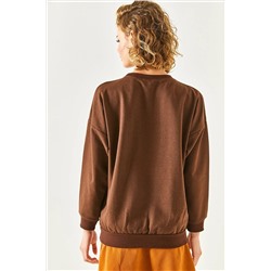 Olalook Kadın Düz Acı Kahve Basic Yumuşak Dokulu Salaş Sweatshirt SWT-19000457