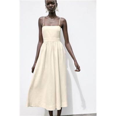 BEADED STRAPPY LINEN BLEND MIDI DRESS