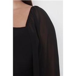 Siyah Büyük Beden Kare Yaka Yırtmaçlı A-Kesim/Çan Midi Dokuma Şifon Elbise TBBAW23AH00107