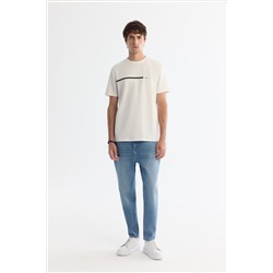 Ekru Bisiklet Yaka Elastan İnterlok T-Shirt
