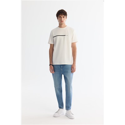 Ekru Bisiklet Yaka Elastan İnterlok T-Shirt
