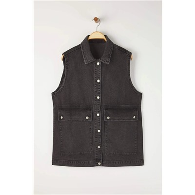 Antrasit Gömlek Yaka Cep Detaylı %100 Pamuk Denim Yelek Ceket TBBAW26BH00003