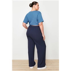 Lacivert Lastikli Yüksek Bel Pileli Wide Leg Dokuma Pantolon TBBSS22PL0448