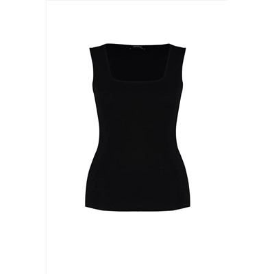 Siyah Basic Fitilli Kare Yaka Örme Büyük Beden Atlet TBBSS22AL0011