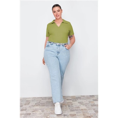Yeşil Polo Yaka Vücuda Oturan Fitilli Örme Bluz TBBSS22BZ0750