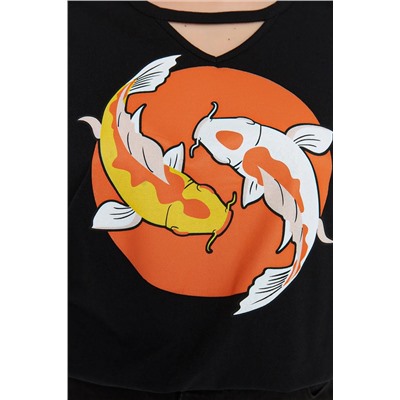 Siyah Boyfriend Fit Balık Baskılı %100 Pamuk Örme Büyük Beden T-Shirt TBBSS22TS2121