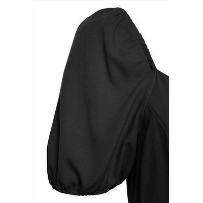 Siyah Kare Yaka Astarı Şortlu Balon Kollu Dokuma Büyük Beden Elbise TBBSS25AH00079
