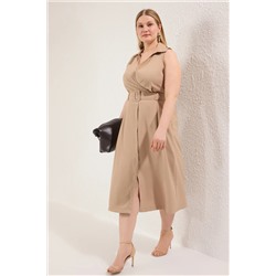 Bej Kemerli Yazlık Dokuma Büyük Beden Elbise TBBSS25AH00198