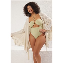 Ekru Kolu Fırfırlı Volanlı Viskon Plaj Giyim Dokuma Büyük Beden Kimono&Kaftan TBBSS23DE00001
