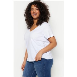 Siyah-Beyaz 2'li Paket Basic V Yaka %100 Pamuk Örme Büyük Beden T-Shirt TBBSS22TS0705