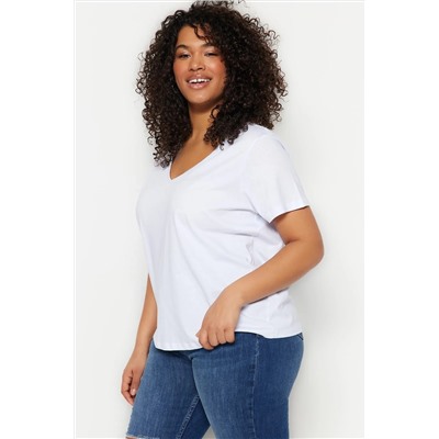 Siyah-Beyaz 2'li Paket Basic V Yaka %100 Pamuk Örme Büyük Beden T-Shirt TBBSS22TS0705