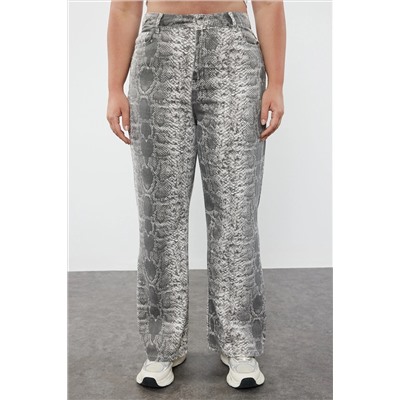 Gri Yüksek Bel Animal Desenli Straight Fit Büyünk BedenJeans TBBAW25CJ00008
