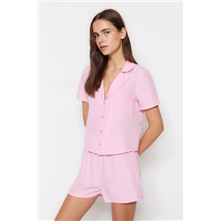 TRENDYOLMİLLA Pembe Terrycotton Gömlek-Şort Dokuma Pijama Takımı THMSS23PT00132