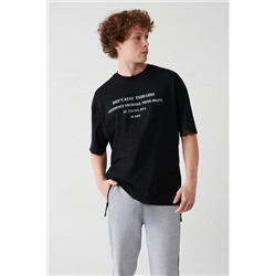 Avva Erkek Siyah Oversize %100 Pamuk Bisiklet Yaka Önü Yazı Baskılı T-Shirt A31Y1181