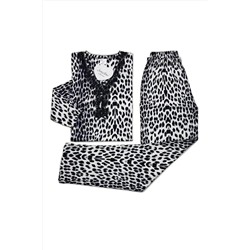 ANGELİNA Yarım Düğmeli Pamuk Pijama Takımı Leopar Siyah Beyaz siyah-beyaz leopar 2