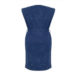 Indigo Kolları Vatklaı Kuşaklı Yıkamalı Örme Büyük Beden T-shirt Elbise TBBSS25AH00008