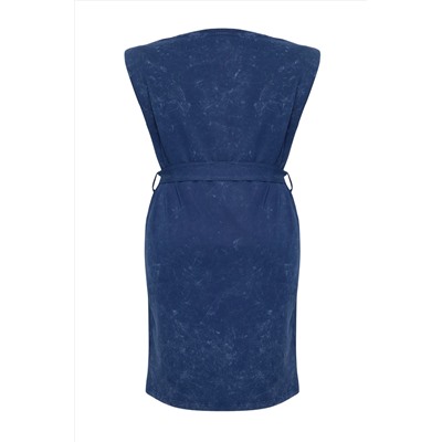 Indigo Kolları Vatklaı Kuşaklı Yıkamalı Örme Büyük Beden T-shirt Elbise TBBSS25AH00008