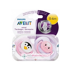 Avent Sucettes Animaux 0-6 mois Pingouin & Chat x2