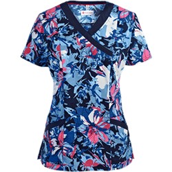 White Cross Scrubs Denim Garden Print Top